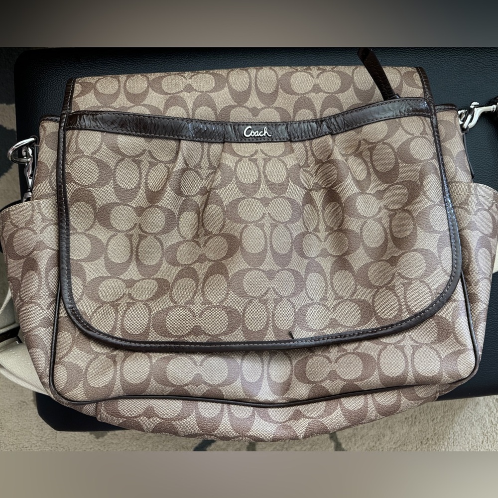 Coach Tan and Brown Signature Baby Messenger Bag